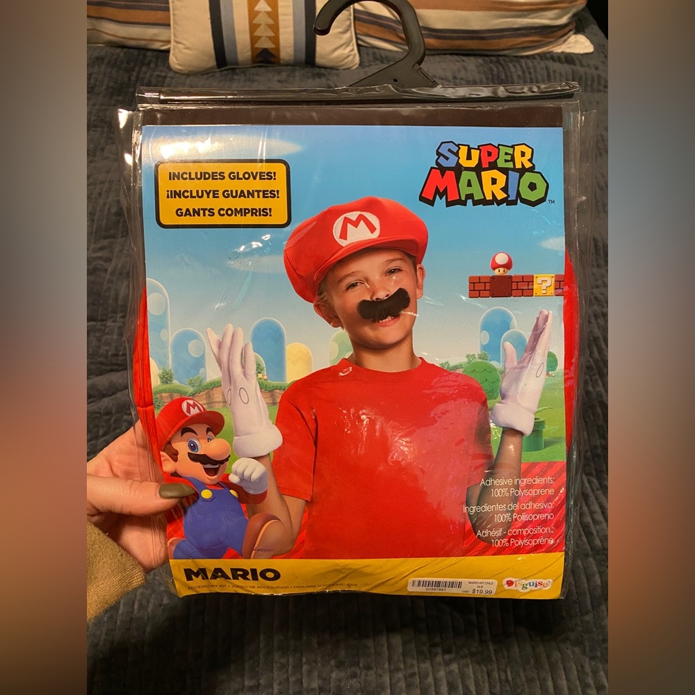 Super Mario hat, mustache, and gloves